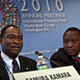 Sierra Leone Finance Minister Samura Kamara and Kenya's Uhuru Kenyattaat IMF/World Bank meeting. (Nicholas Kamm/AFP/Getty)